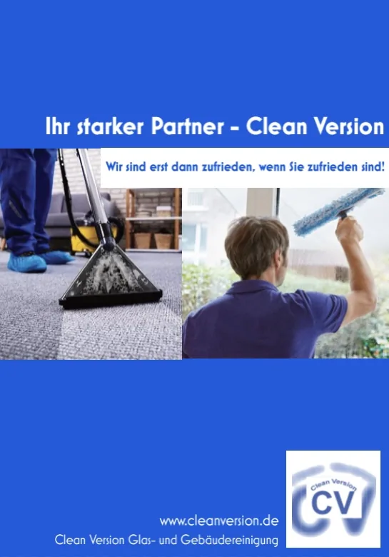 Flyer „Ihr starker Partner, Clean Version“ mit Teppichreinigung und Glasreinigung, „Wir sind erst dann zufrieden, wenn Sie zufrieden sind!“